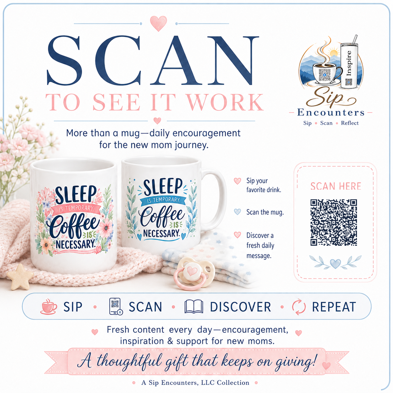 Scan to see it work — more than a mug, daily encouragement for the new mom journey. Sip, Scan, Discover, Repeat. A Sip Encounters, LLC collection.
